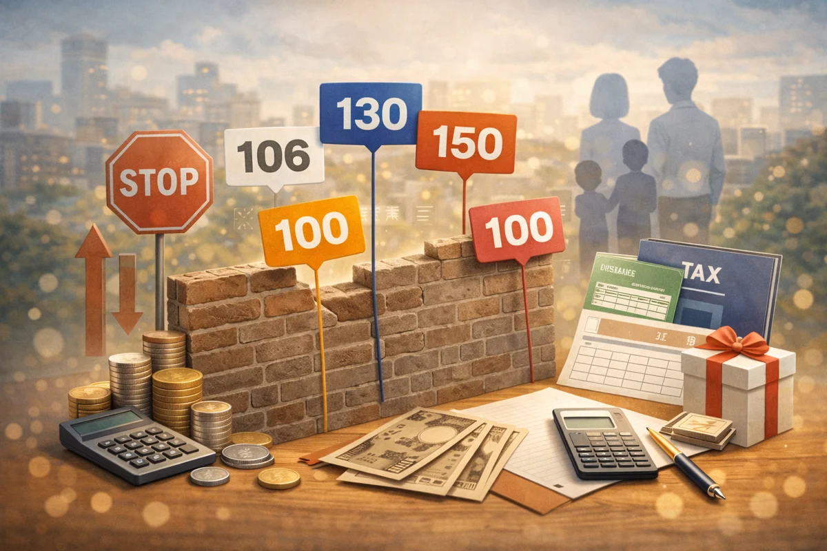 レンガの壁を主役に年収を示す標識が立ち、手前に硬貨と計算機、奥に街並みが広がる構図