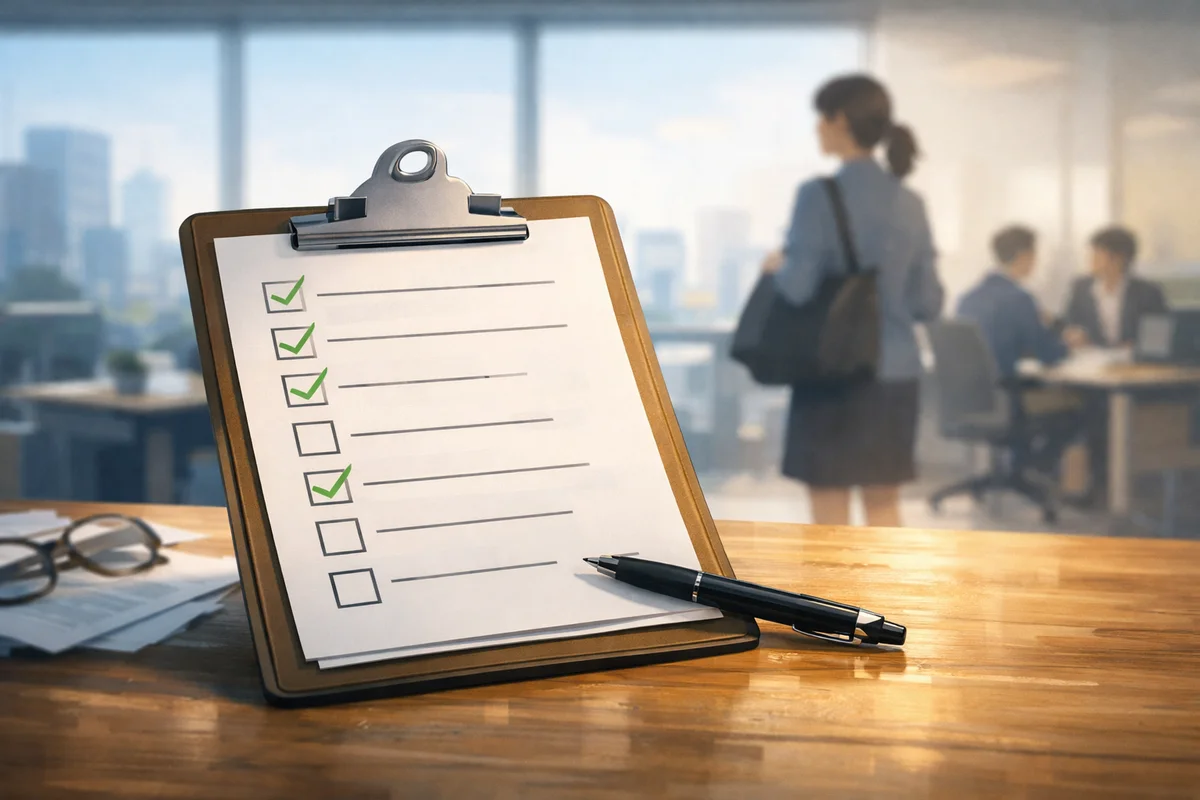 クリップボードのチェック表が机上に置かれ、奥にオフィス空間が広がる構図