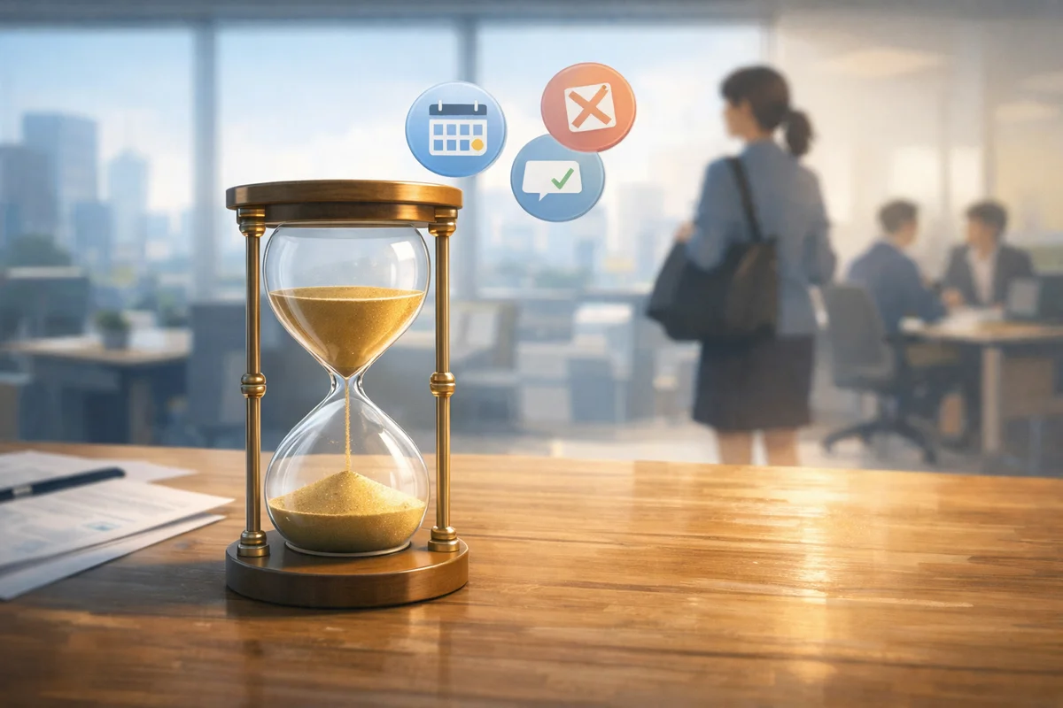 砂が落ちる砂時計が手前に置かれ、奥にぼやけたオフィス空間が広がる構図