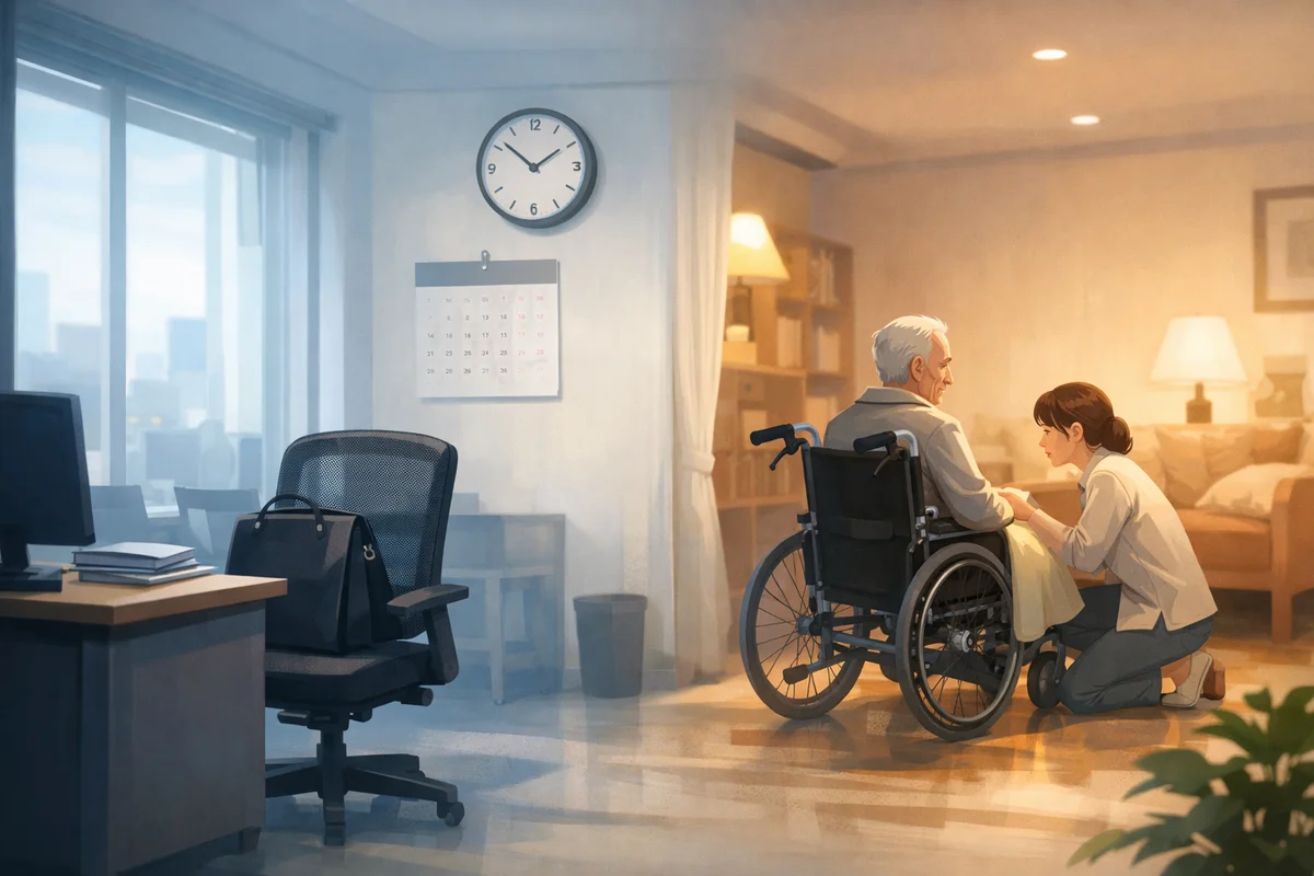 車いすの高齢者と寄り添う女性、手前に椅子、奥の灯りへ視線が抜ける室内の奥行き