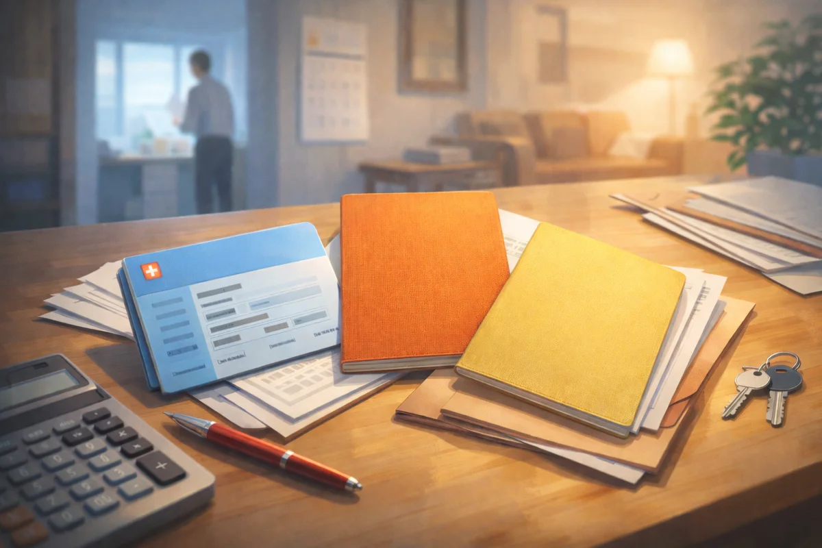 木の机に無地の手帳3冊とカード、書類の重なりの先に窓辺の人物がぼけて見える奥行きの室内