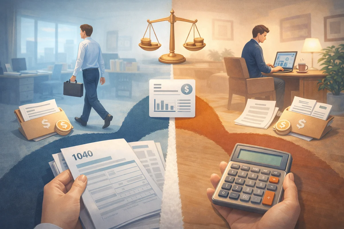 書類と電卓を手にした視点の先に天秤が浮かび、奥の部屋へ色調が自然に移る一続きの空間