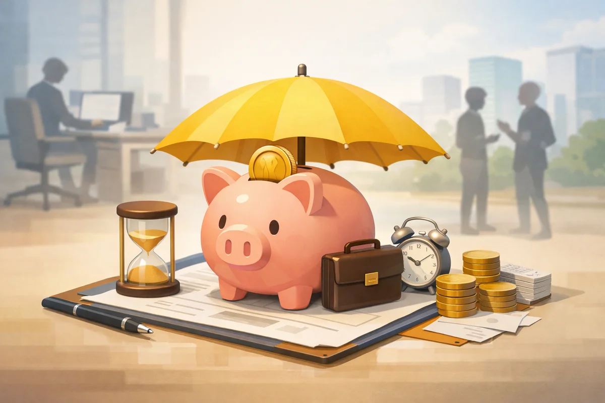 傘を差した貯金箱がクリップボードの書類上にあり、奥に霞むオフィスと街並みが広がる