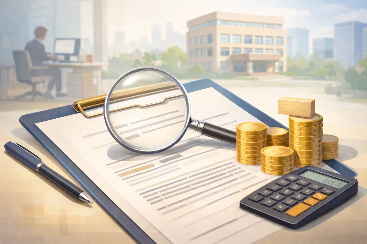 書類を載せたクリップボードに虫眼鏡が置かれ、手前に硬貨の山と電卓が並び奥へオフィス空間が続く