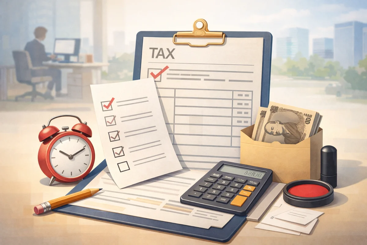 クリップボード上のチェック書類と赤い時計、電卓と札束が手前に並び奥に霞むオフィス