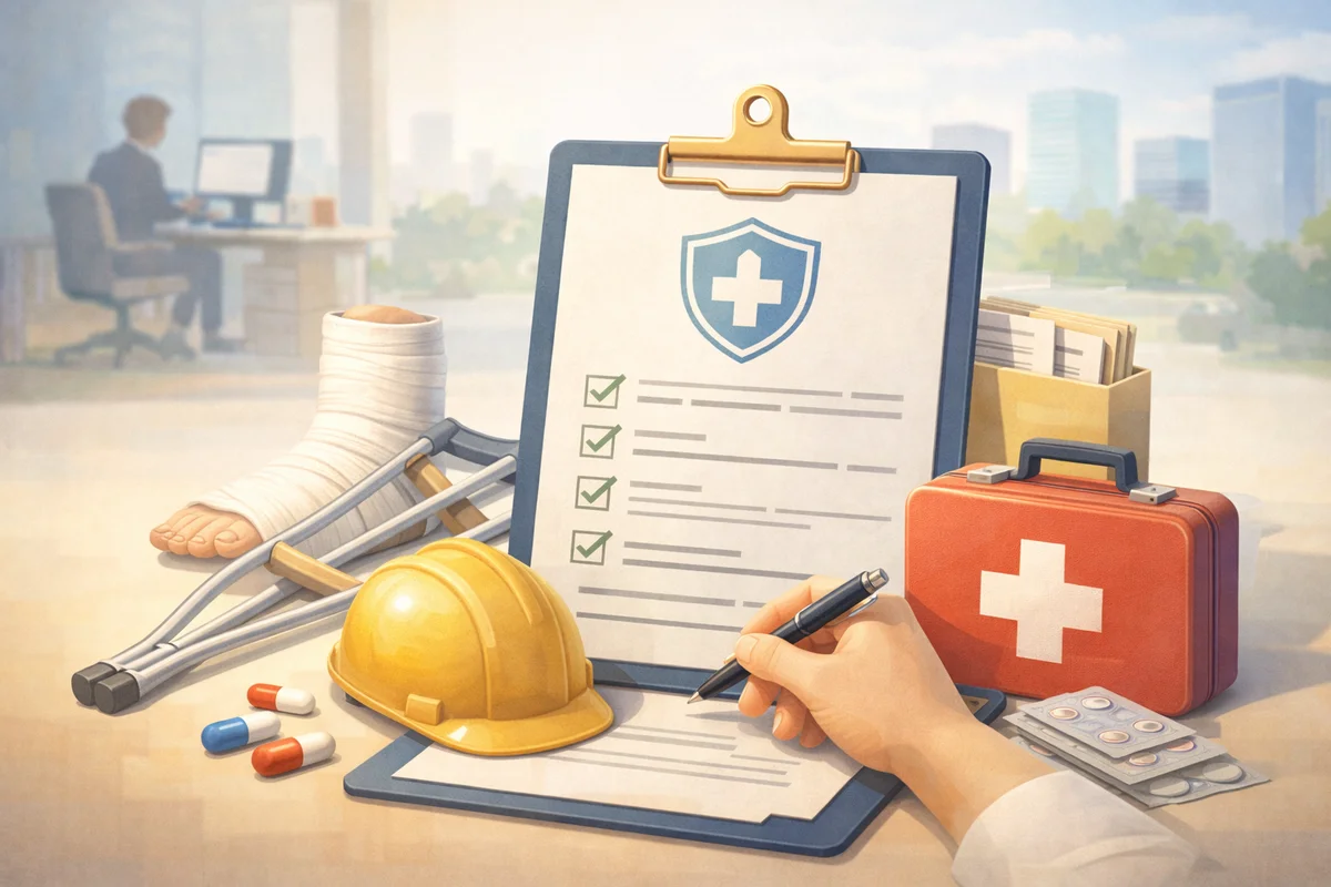 包帯の足と松葉杖、保護マークの書類ボードと救急箱が手前にあり奥へ明るい職場空間が続く