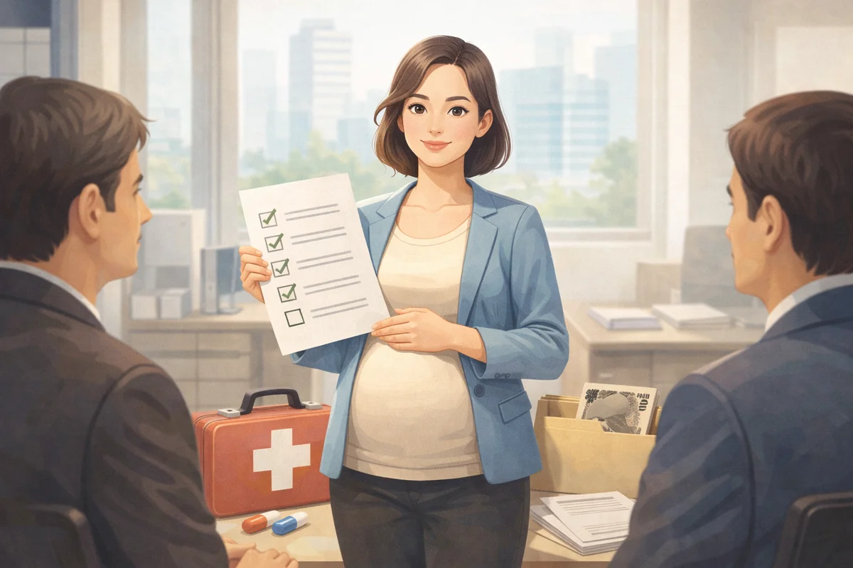 明るいオフィスで女性が書類を手に立ち、周囲に机や備品が並び窓の奥へ街並みが霞む