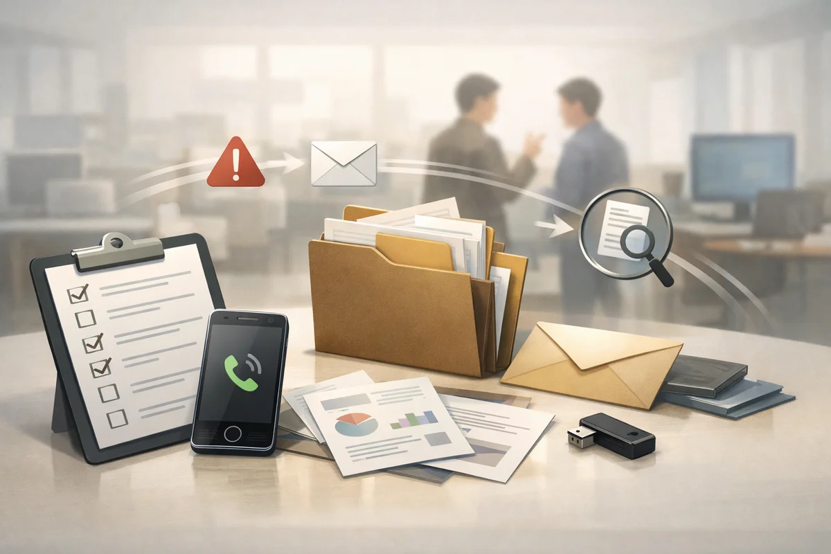 派遣契約書とメモ帳が机上に置かれ、奥にスマホが控える静かな相談スペースの絵