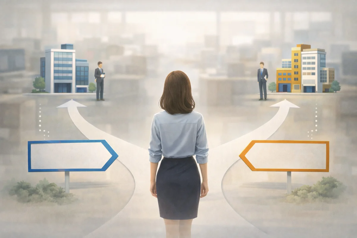 背中を向けた女性が静かなオフィスの分岐路に立ち、奥の二つの建物へ道が奥行きで伸びる一場面の絵