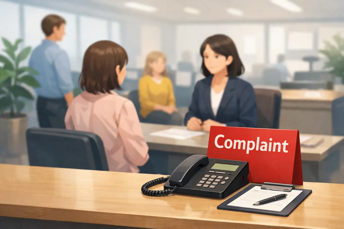 机上の受話器と書類が主役、奥の受付と待合がぼけて奥行きが続く落ち着いたオフィス空間