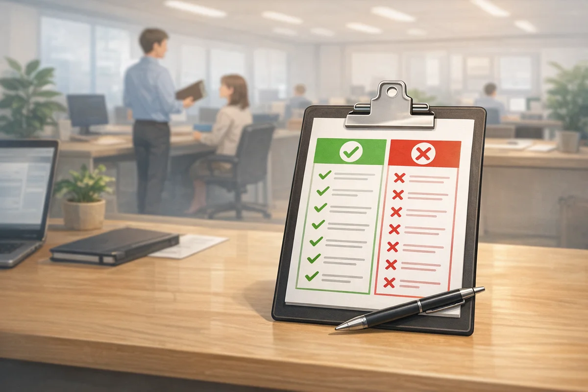 手前のチェック表が主役、奥の会話する上司と席がぼけて続き、指示の境界を静かに示す明るいオフィス