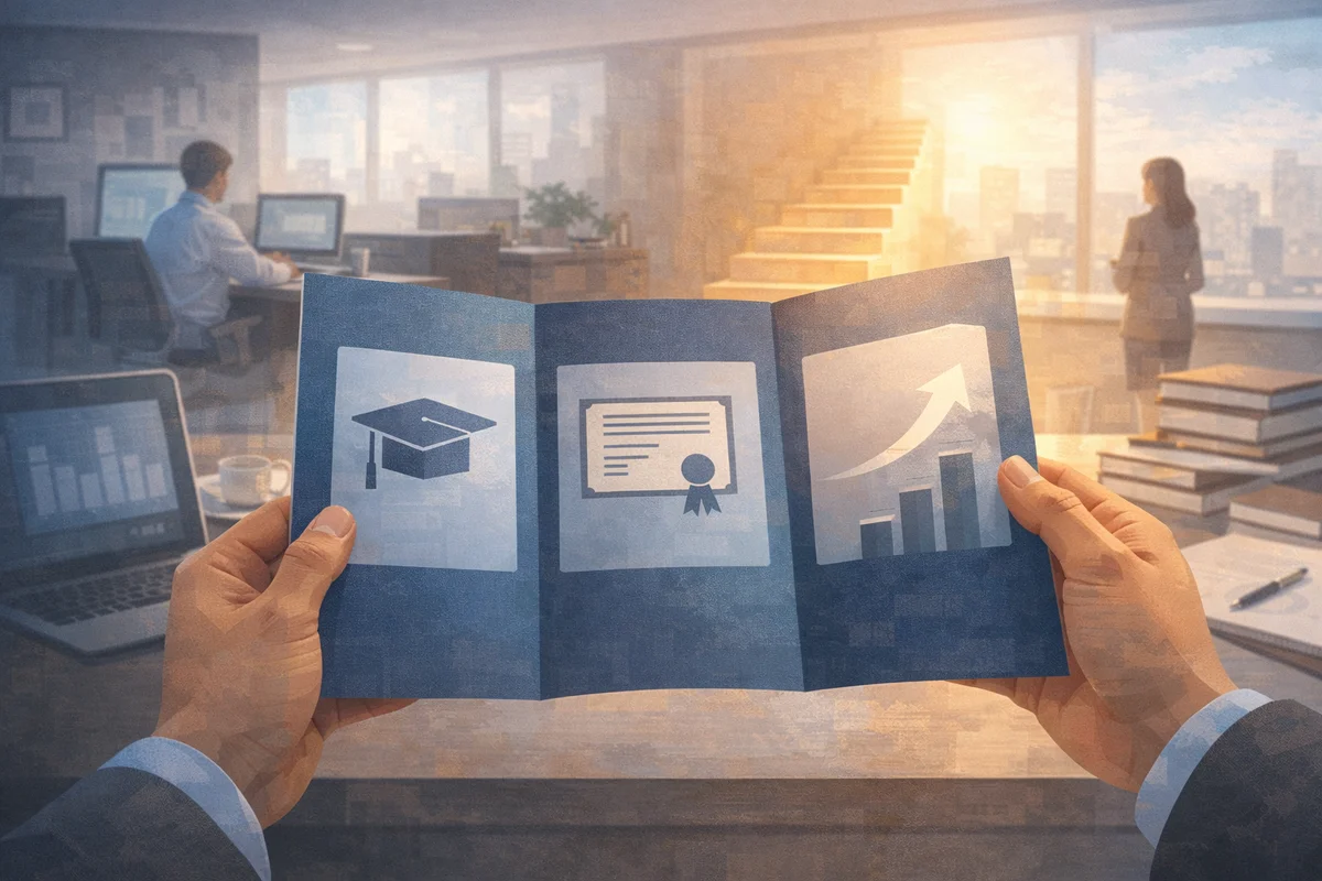 手に広げた青いガイド冊子が主役で、窓辺の光に向かって奥へ続く階段が伸びるオフィス空間