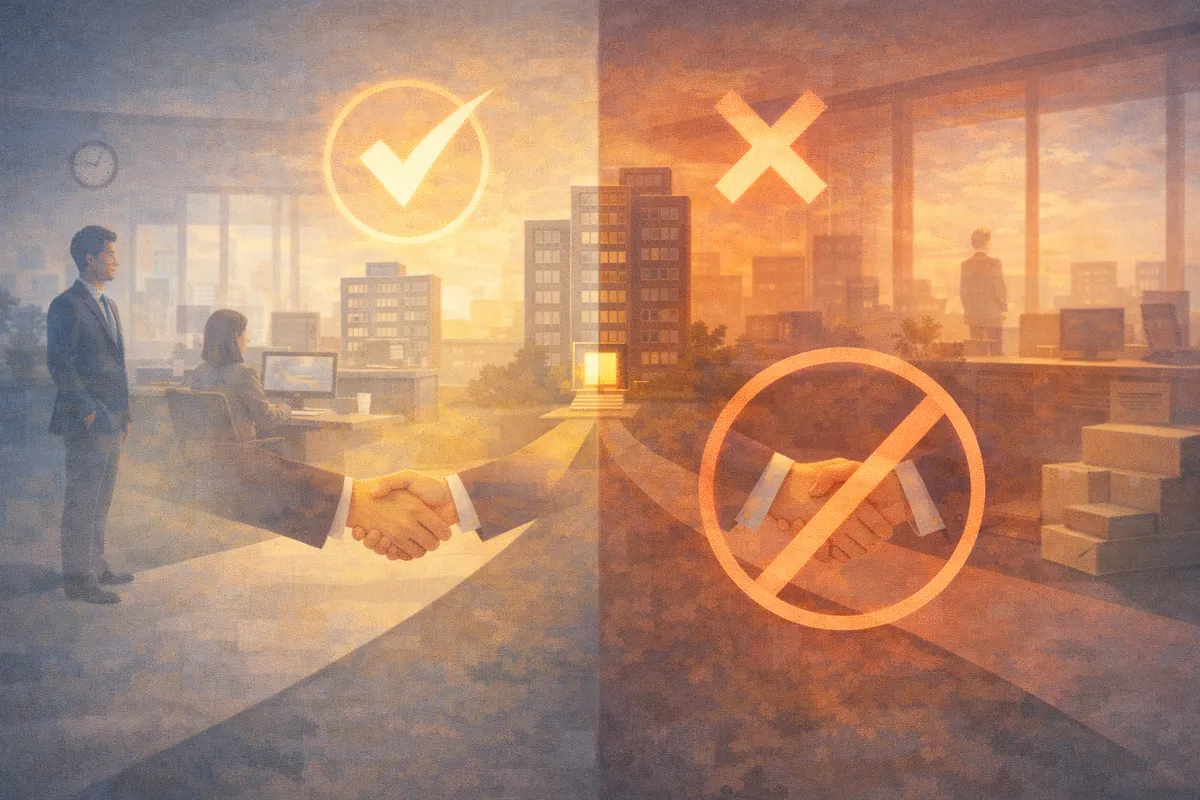 手前の握手から奥のビル入口へ光が伸び、同じ空間内で可否の揺れを感じさせる都市風景