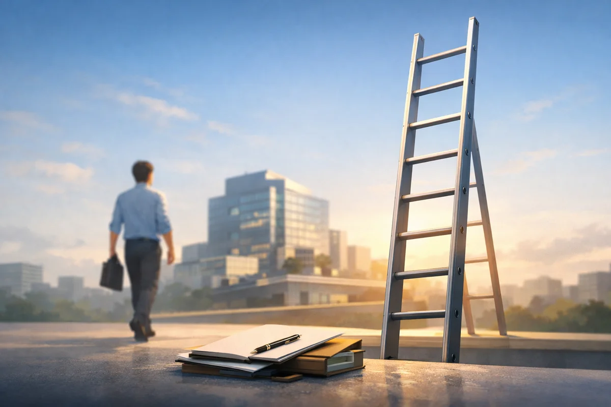 朝の柔らかな光の中、手前の銀色のはしごと書類、遠くに歩く小さな人物と霞むビル群