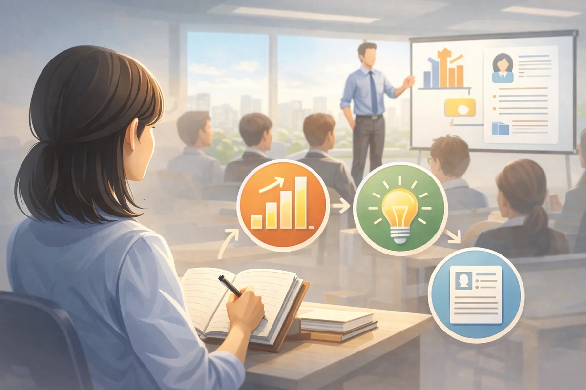 手前でノートに書き込む女性の背中越しに、奥の講師と受講者、窓外の街並みが奥行きでつながる研修室の一場面