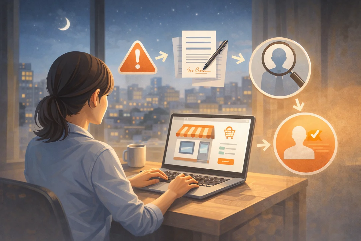 夜の窓辺でノートPCに向かう女性の手元を主に、奥の街明かりへ視線が抜ける机上の作業空間