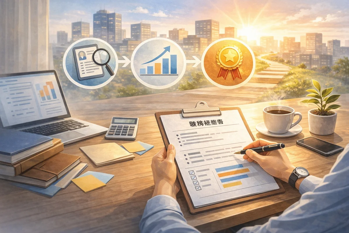 柔らかな光の中、机上の職務経歴書の下書きとペン、ノートPCを主に、奥へ面談席がぼけて続く室内