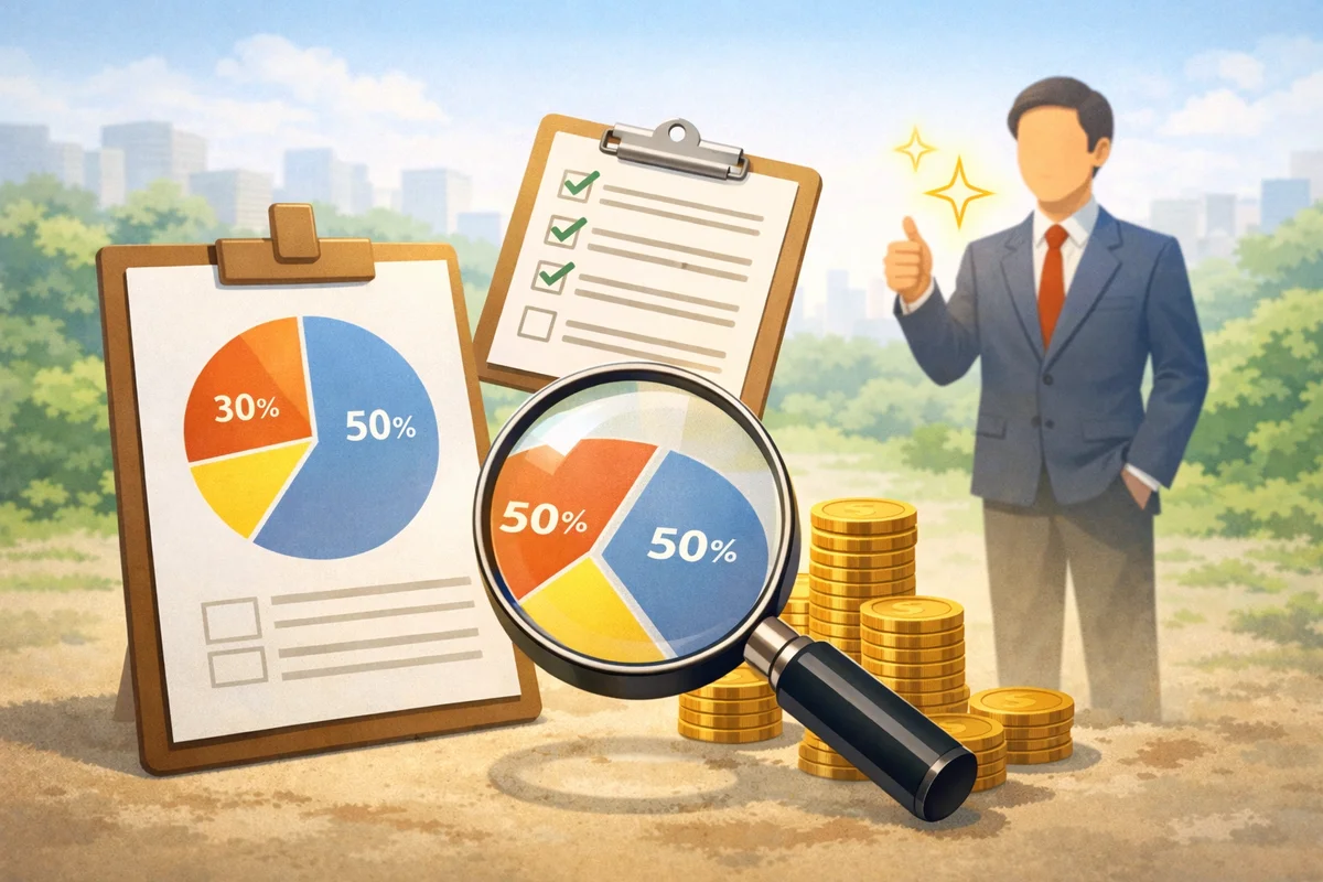 手前に虫眼鏡と円形の資料、横にコインの積み重ねがあり、奥に人物が立つ開けた空間で奥行きが出る構図