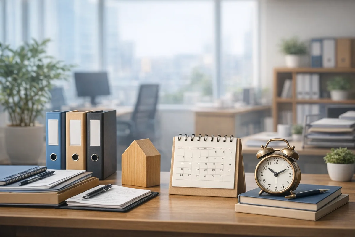 机上に卓上カレンダーと目覚まし時計、背の高いファイルが並び、明るいオフィス空間が奥へやわらかく続く