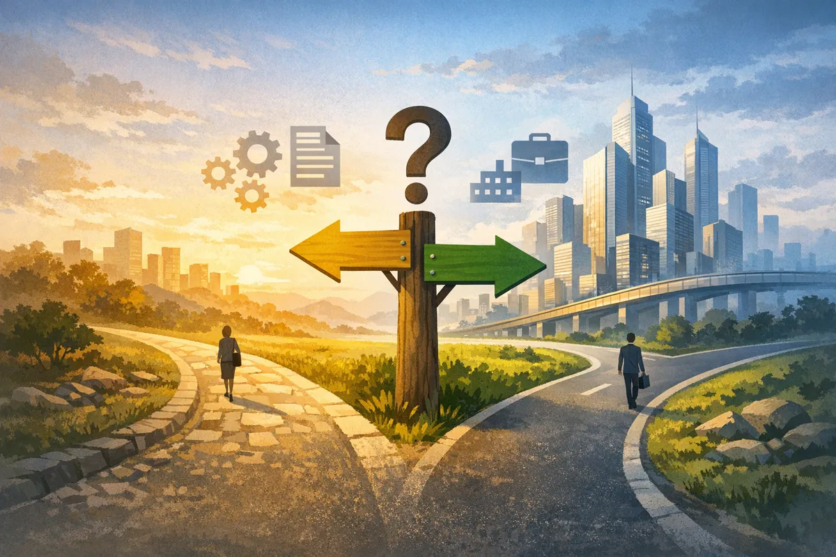 夕空の下、分岐路の標識が中央に立ち、左右の道が都市へ伸びる遠近感、背後に高層ビルが霞む