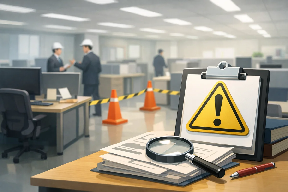 薄い書類フォルダが机に置かれ、奥へ続く静かな廊下の先に行政窓口の光が淡くにじむ