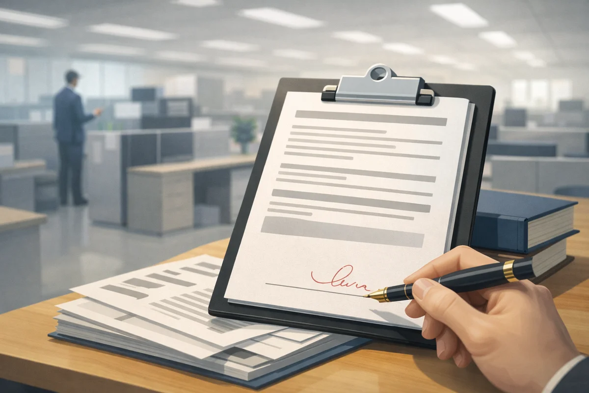 机上の同意書にペン先が触れそうな距離で止まり、奥のオフィスがぼけて静かに広がる構図