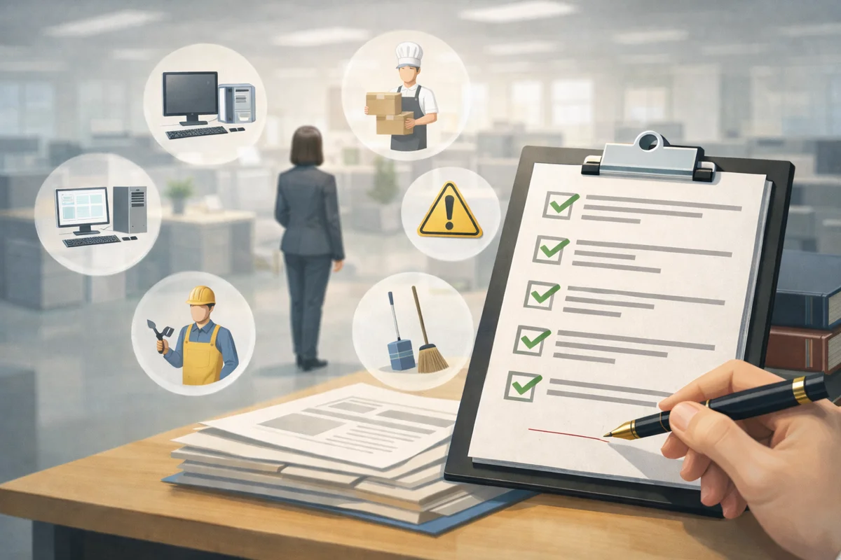 机上のチェックリスト用紙とペンが前景にあり、奥のオフィス空間に職種を示す丸いアイコンがふわりと浮かぶ