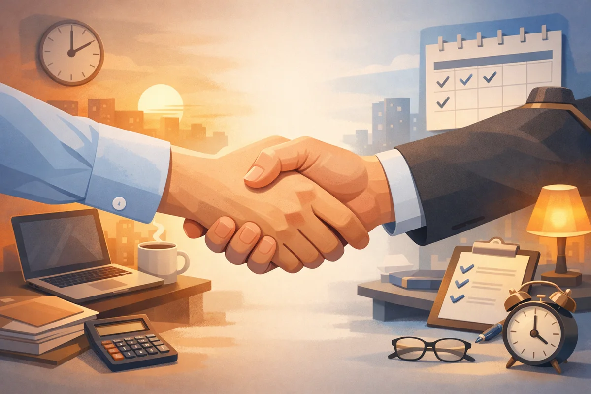 握手する二人の手を中心に、奥へ続く机上の道具と街並みが霞み、夕方の光が広がる静かな室内