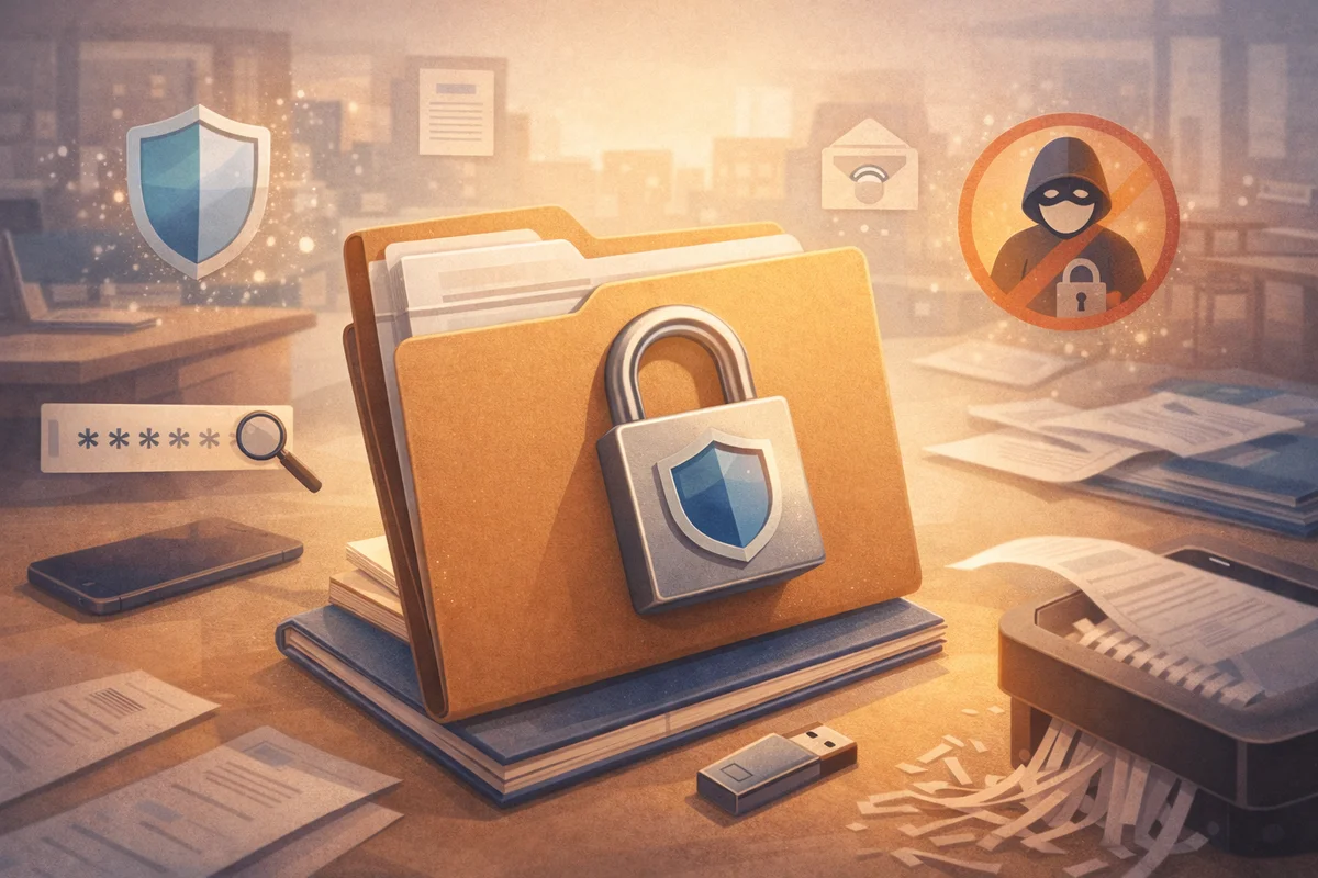 鍵のかかった書類ケースを中心に、奥へ続く棚のフォルダが霞み、柔らかな光が広がるオフィス空間