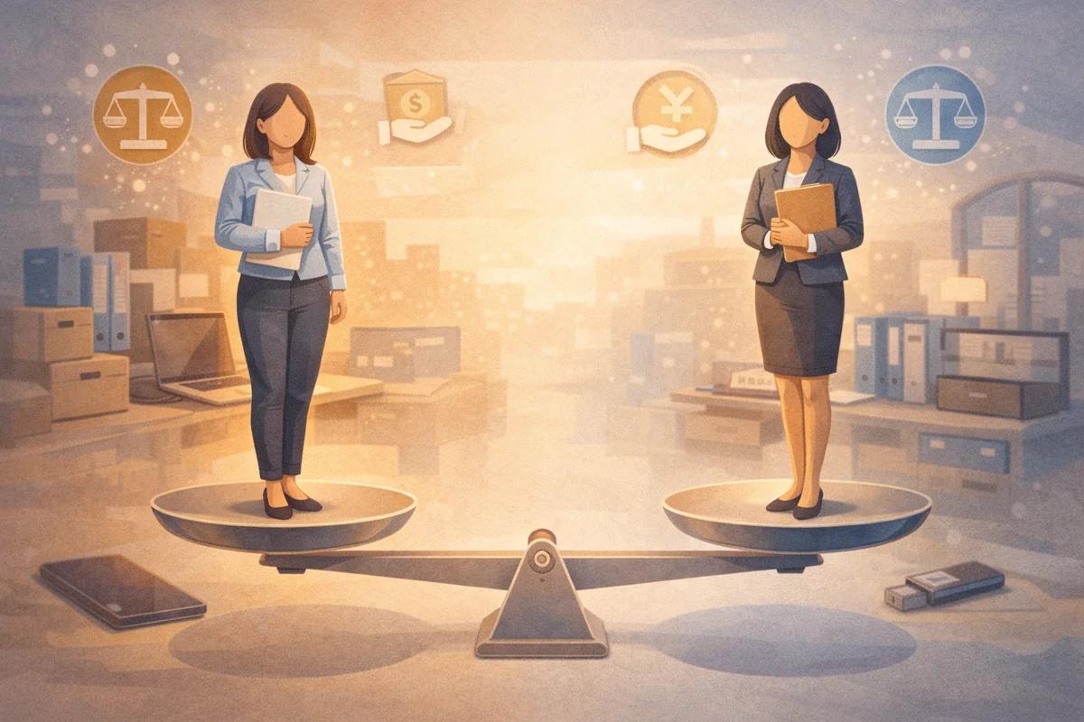 書類を持つ二人の女性が天秤に立ち、奥の机と棚が霞む夕方の光が静かに広がる室内オフィス