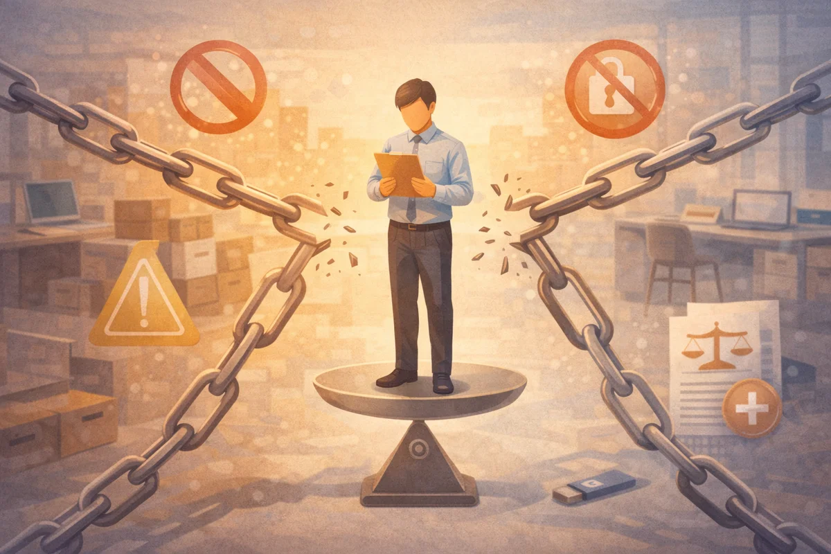 切れた鎖に囲まれた台座の上で書類を持つ人物が立ち、奥のオフィスが霞んで光が抜ける一つの空間