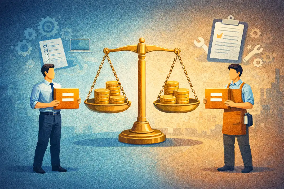 天秤と硬貨を中心に、異なる職種の人物が同等に配置された公平性を示す構図