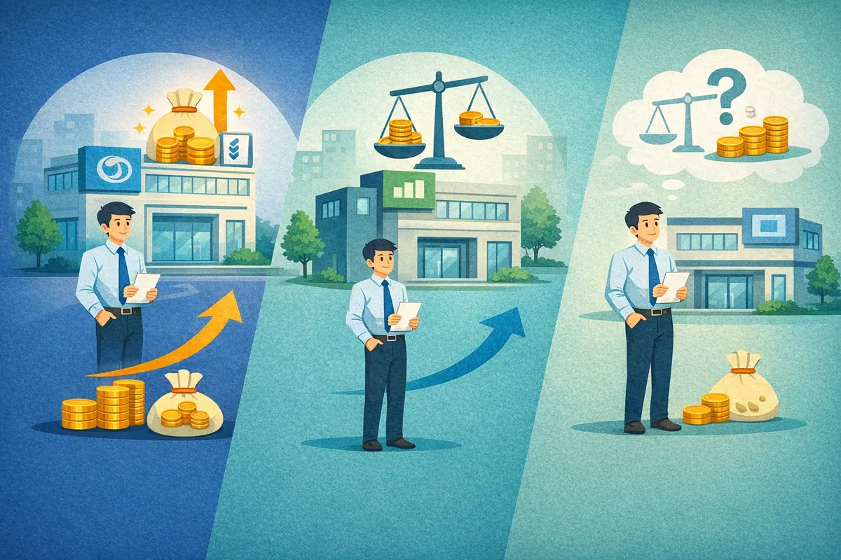 契約社員を主役に、企業ごとに異なる賞与や昇給の仕組みが分かれて存在する様子を表した図解イラスト