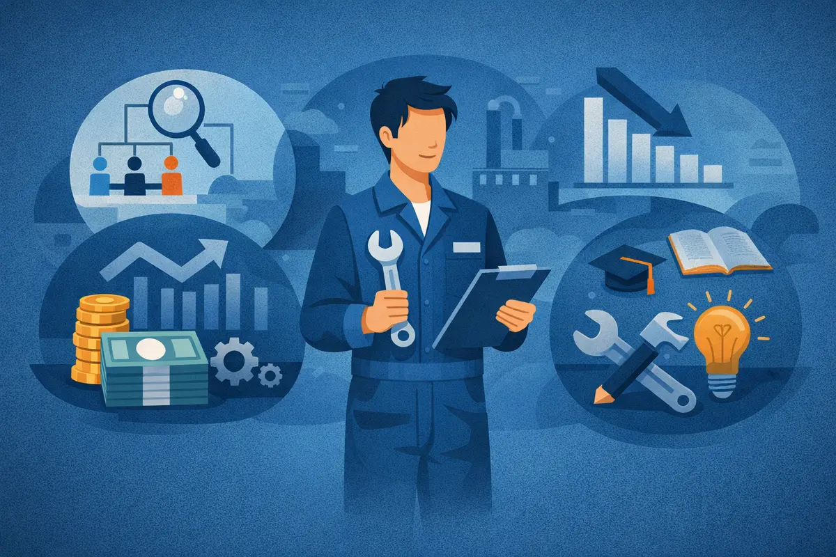 作業服の人物を中央に、賃金の動きや仕事環境を象徴する要素が周囲に配置されたイラスト構図