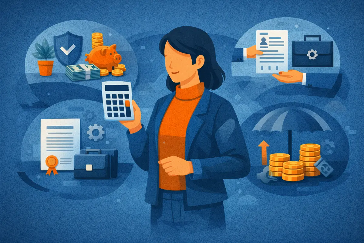 計算機を手にした人物を中心に、生活の安定や備えを象徴する要素が周囲に配置されたイラスト構図