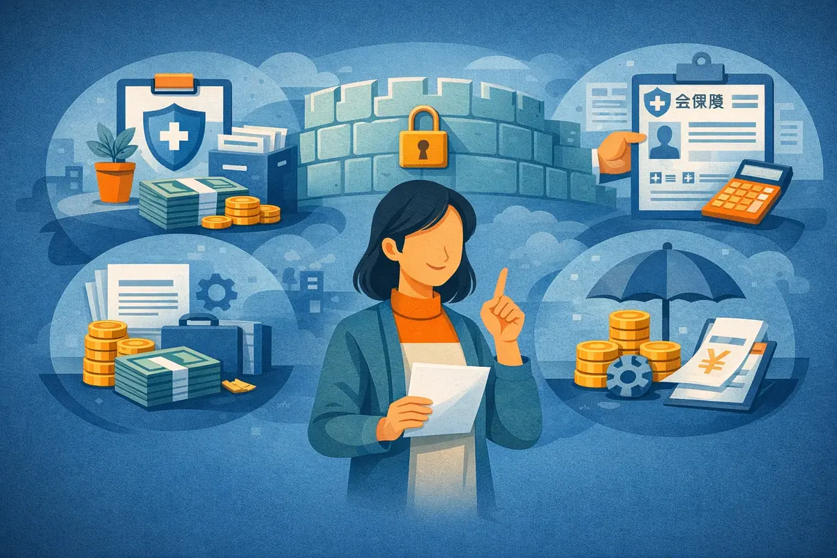 書類を手に考える人物を中心に、保険や収入の境界を象徴する要素が周囲に配置された構図