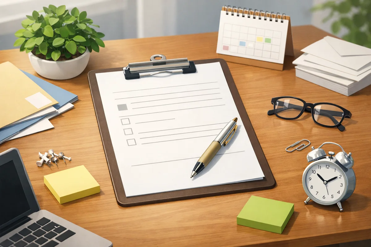 机上のクリップボードに無地の申込書が置かれ、文具や書類が奥へ整然と広がる明るい事務空間のイラスト