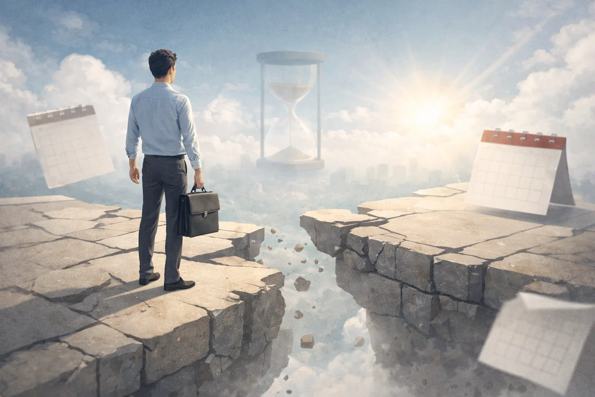 ひび割れた通路の先に淡い光と砂時計が浮かび、空白期間を思わせる距離が奥へ続く静かな業務風景のイラスト