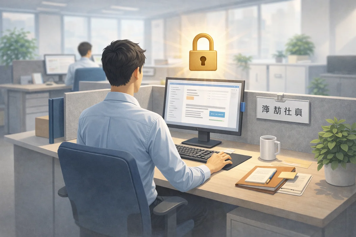 明るいオフィスの一角で一人の社員が席につき、穏やかな光を背に同じ空間で働き続ける様子のイラスト