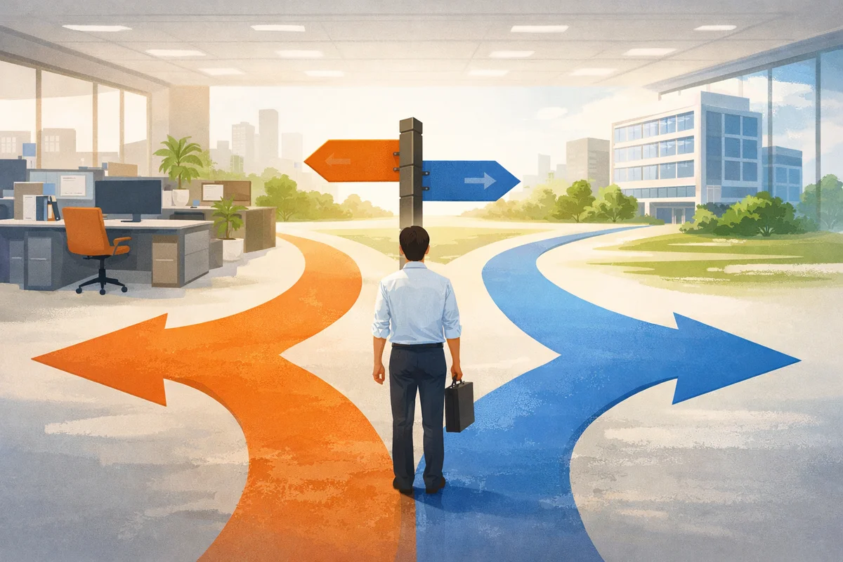 オフィス内から奥へ続く通路の先に別棟が見え、移動先の違いを静かに示すイラスト