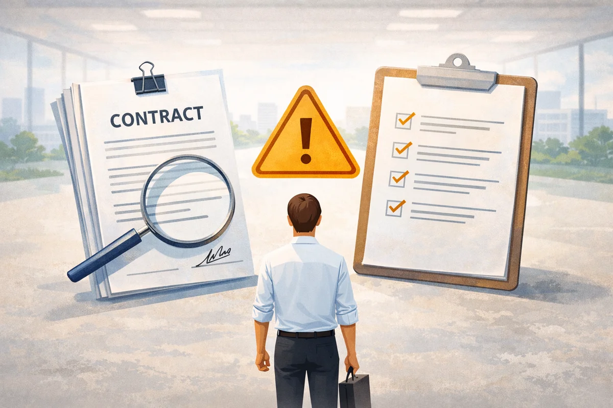 書類が残る静かな室内で更新前の状態が保たれ、確認の視線が奥へ続く通路に向かうイラスト