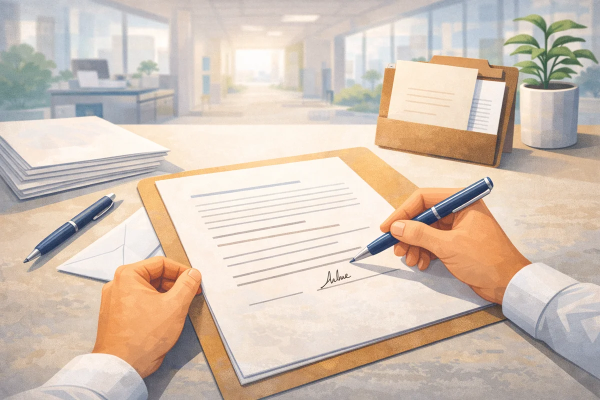 机上の申込書と封筒が整然と置かれ、提出前の準備が静かに進む明るいオフィスのイラスト