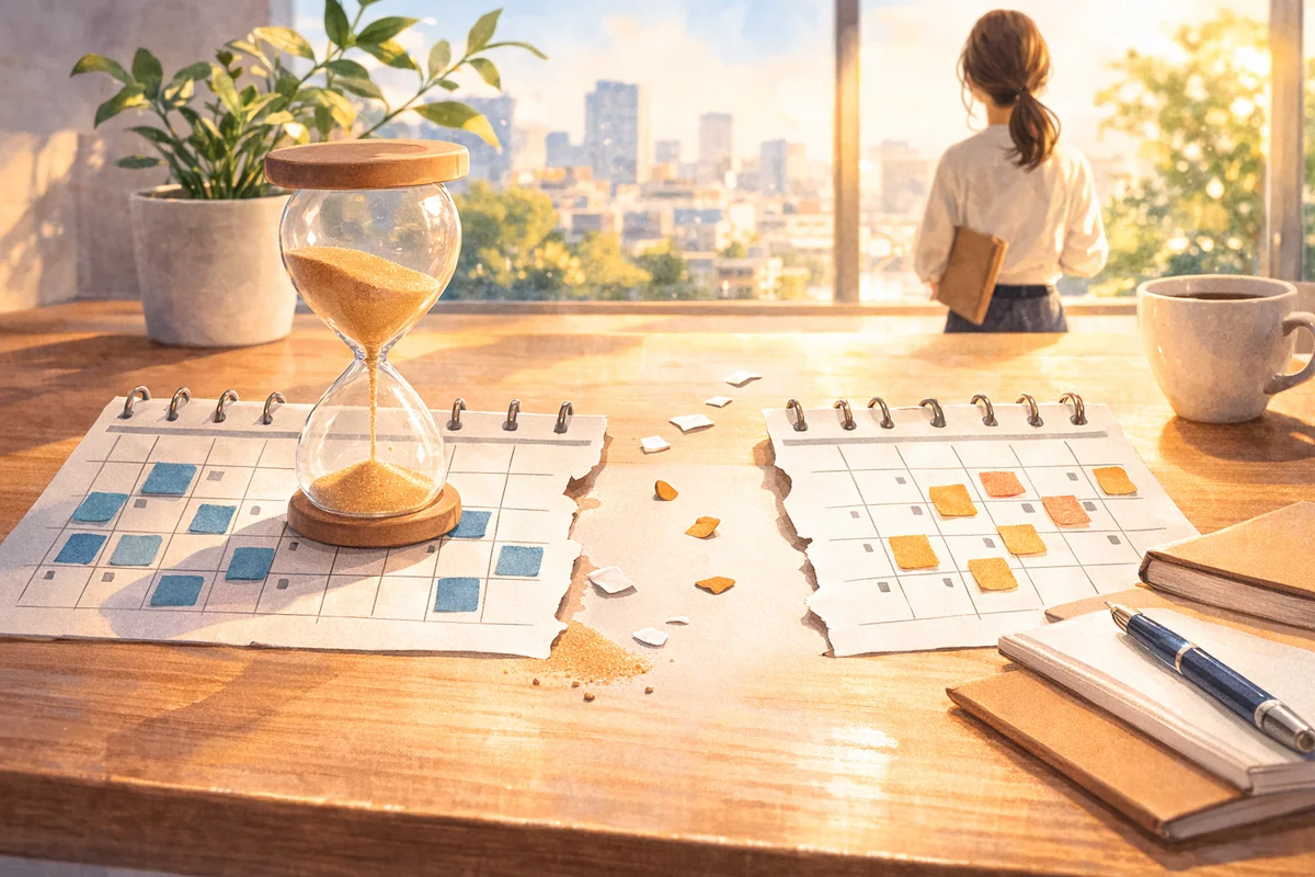 机上の砂時計と離れた予定表のあいだに余白が伸び、空白期間を静かに感じさせる明るいイラスト