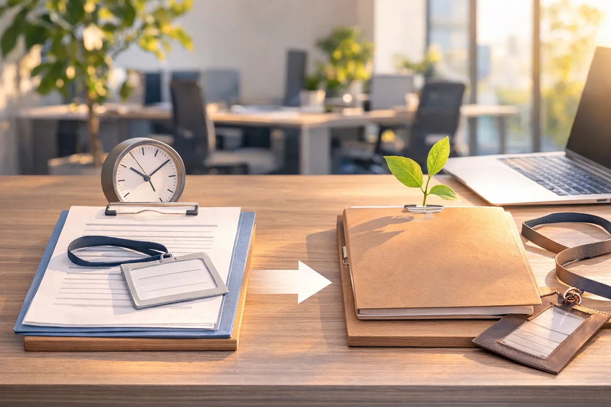 整然と並ぶ机の奥へ光が続き、役割は変わっても働く場が続いていく印象のオフィスイラスト