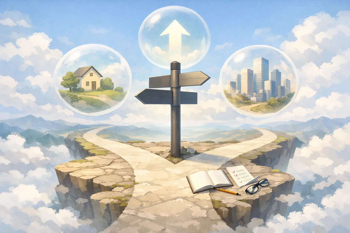 中央の支柱から三つの球体が浮かび、奥へ抜ける静かな空間で判断の重なりを示すイラスト