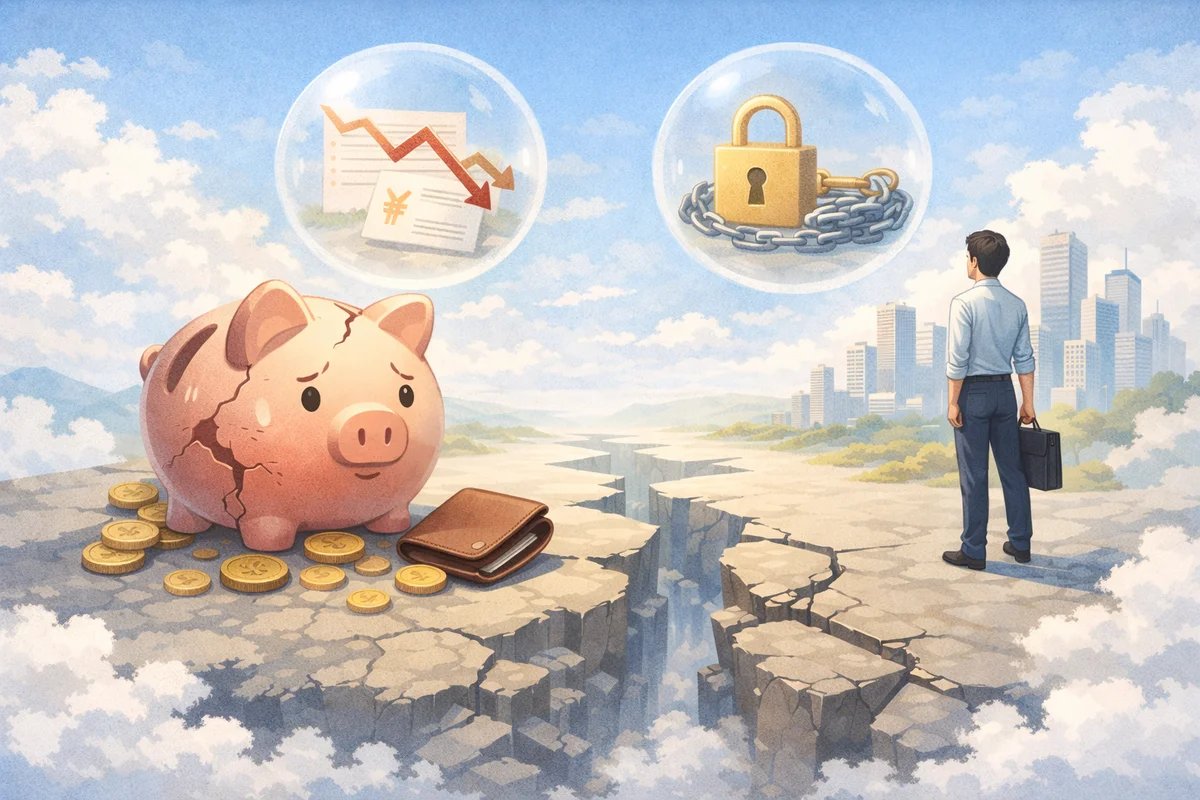 ひび割れた貯金箱と財布が手前に置かれ、裂け目の向こうに人物と街並みが続く奥行きあるイラスト