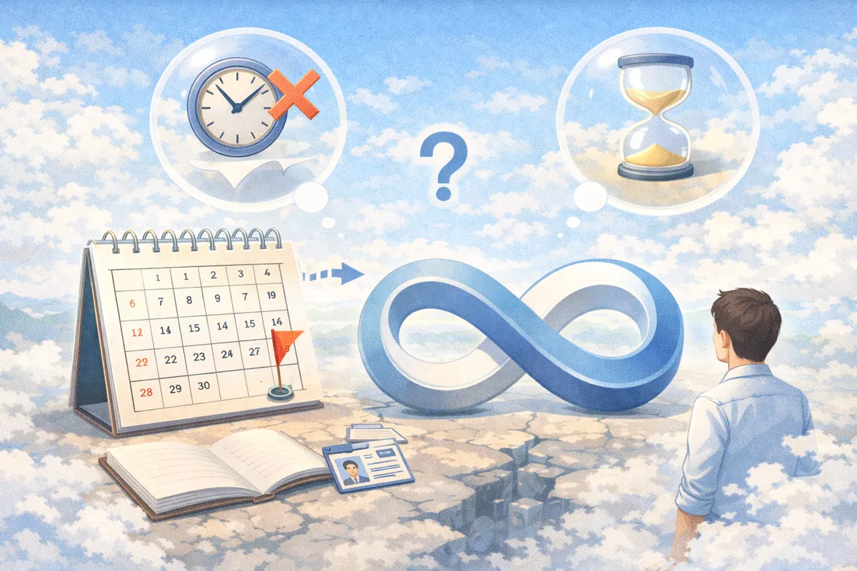 手前の予定表から奥の無限の象徴へ視線が伸び、期限の誤解をほどく静かな奥行きのイラスト