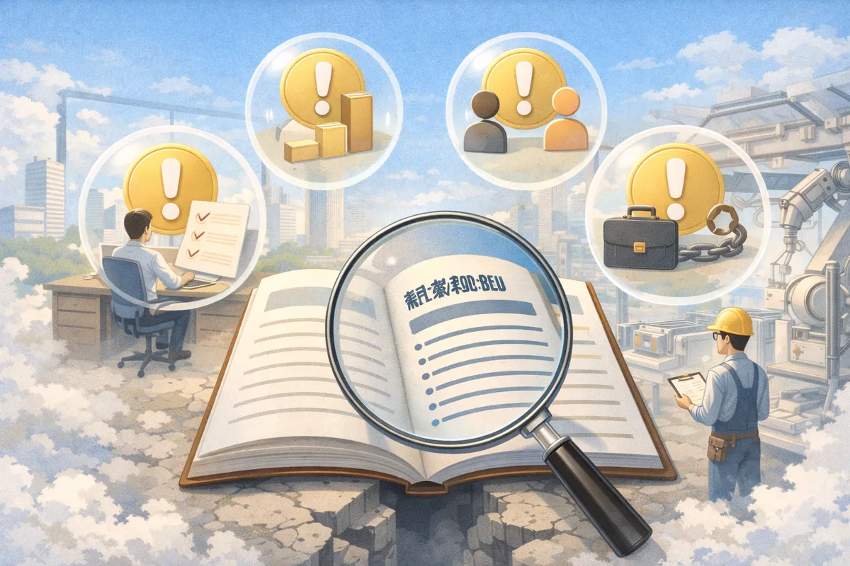 開いた就業規則を拡大鏡で見つめ、周囲に確認項目が静かに浮かぶ奥行きある職場イラスト