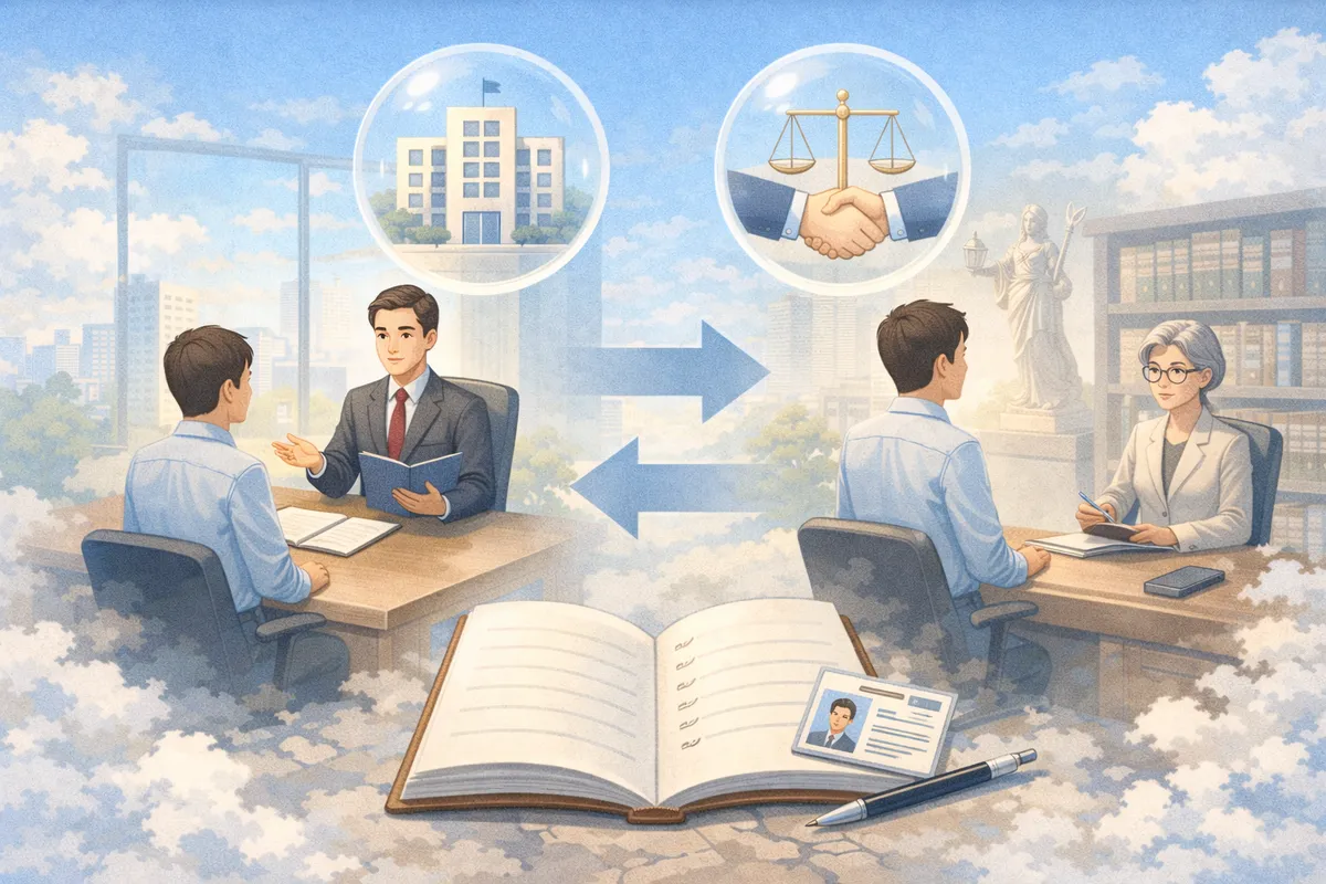 手前の記録書類から奥へ向かって相談の場が続き、社内外への流れを静かに示すイラスト