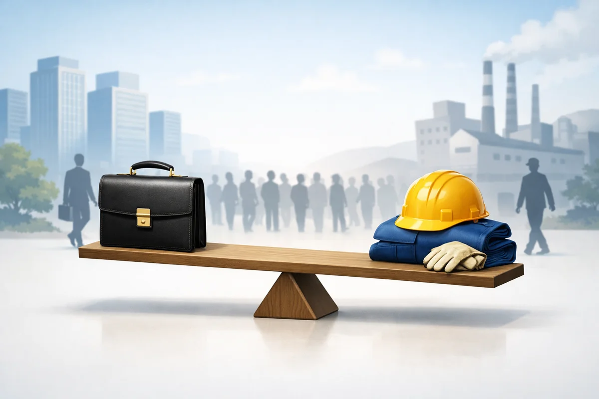 中央に置かれた木製の天秤台に仕事道具が載り、奥に街と工場が静かに広がる構図。